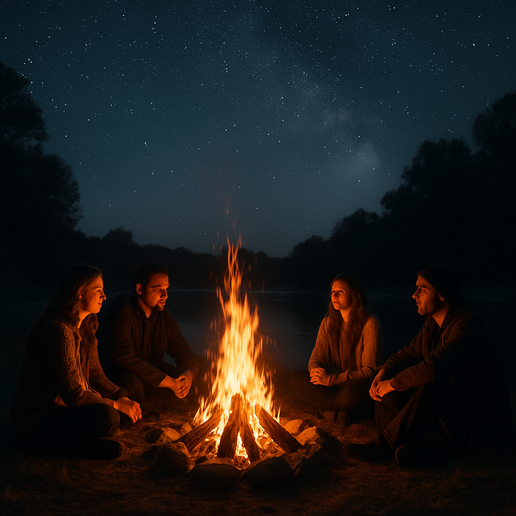 Bonfire evening under a starry night sky at Heaven River Retreat — a signature outdoor experience in Jim Corbett