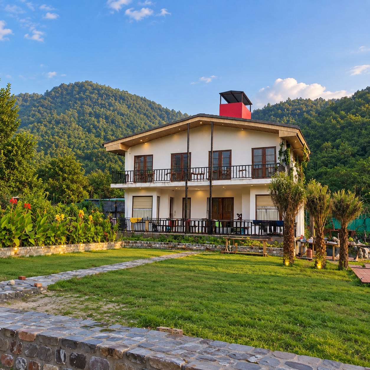 Heaven River Retreat exterior surrounded by lush greenery in Kunkhet, Uttarakhand — riverside stay in Jim Corbett